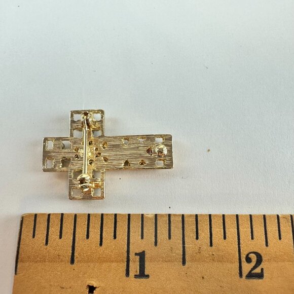 Rhinestone Cross Christmas Brooch Pin Gold Tone - Picture 2 of 2